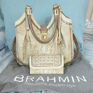SET - Brahmin Elisa Limestone Tri-Textured Hobo Bag and Checkbook Wallet